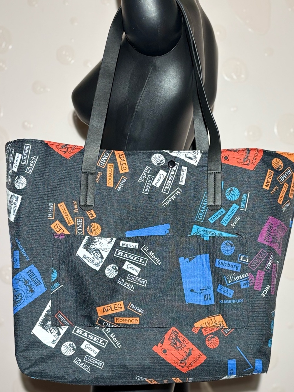 Vintage European Travel Stamp Collage Fabric Tote Bag – Open Top - like new